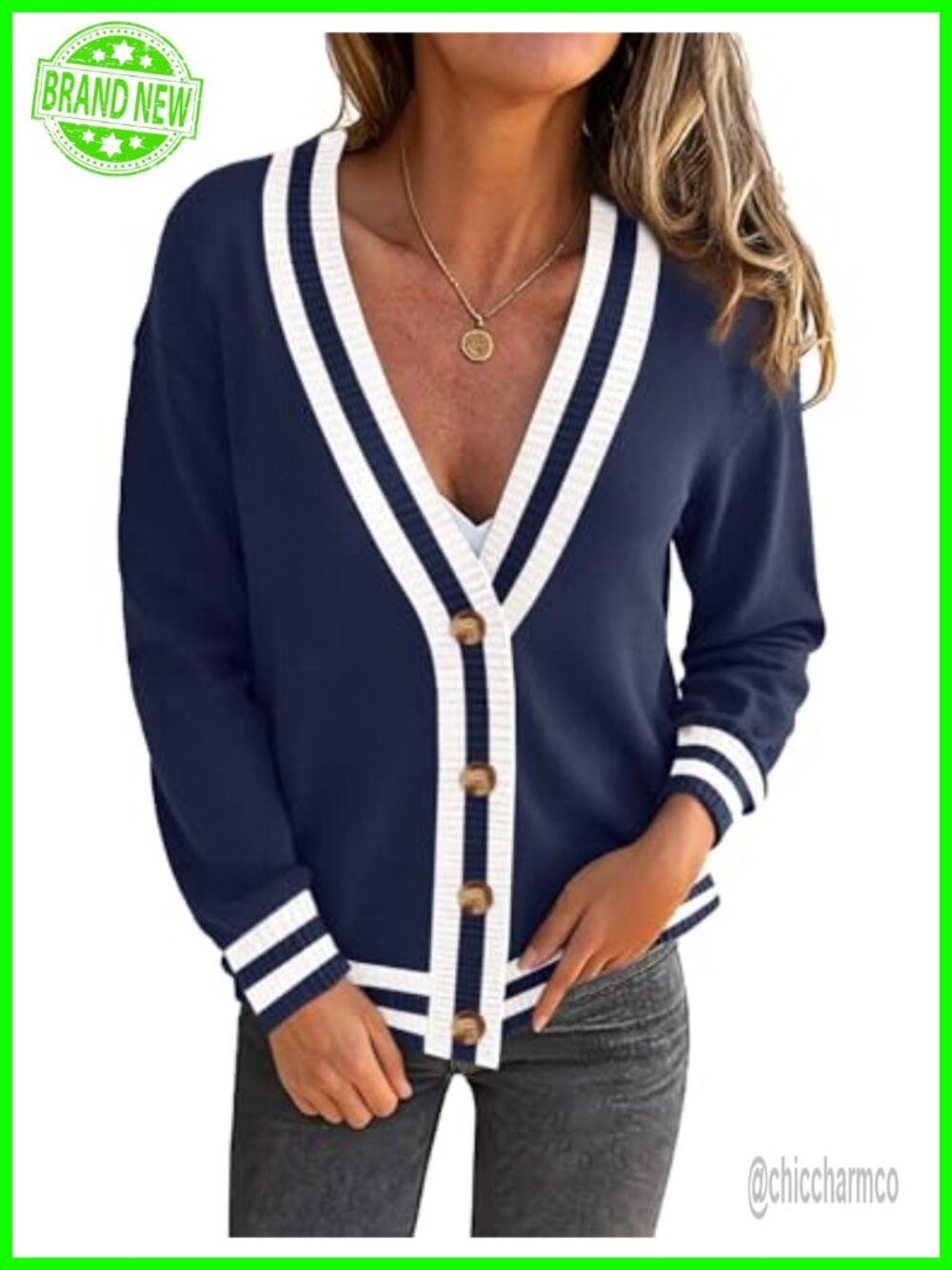 Button Down V Neck Knit Cardigan Loose Fit Long Sleeve Sweater